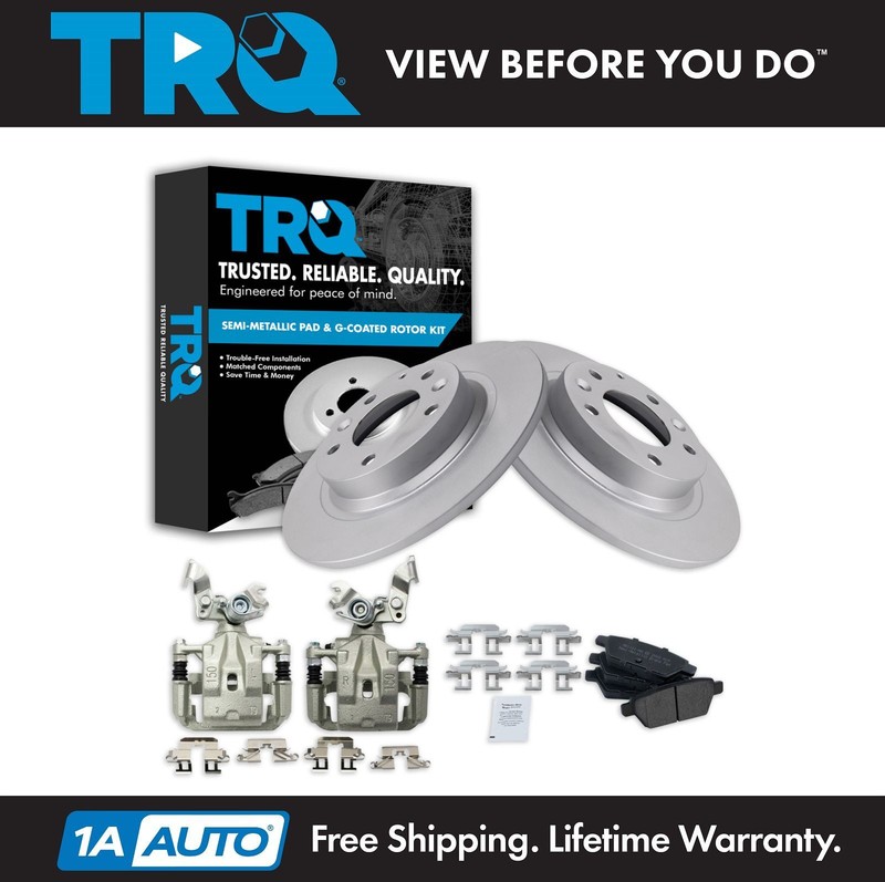 TRQ Rear Metallic Brake Pad Coated Rotor & Caliper Kit For Ford Taurus Mazda 6