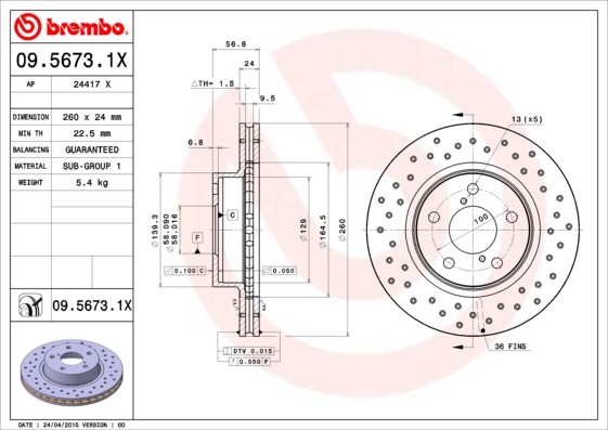 Brembo 09.5673.1X Brake Disc for Subaru
