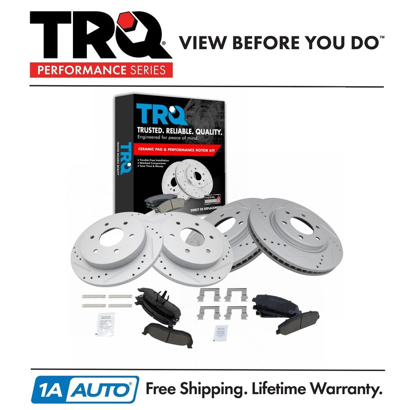 TRQ Performance Drilled Slotted Brake Rotor & Ceramic Pad Front & Rear Kit