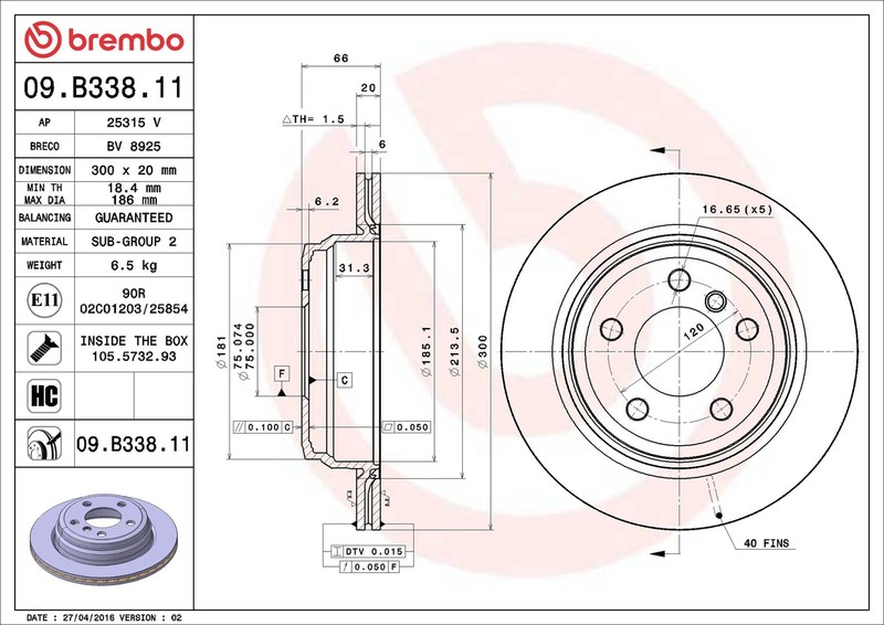 2x Brake Discs Pair Vented Rear 300mm 09.B338.11 Brembo Set 34216792229 Quality gallery