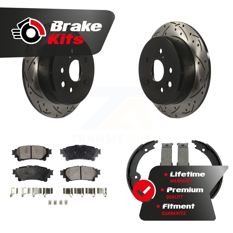 Rear Disc Drilled & Slotted Rotors Semi-Metallic Pads Parking Shoes Kit For Base
