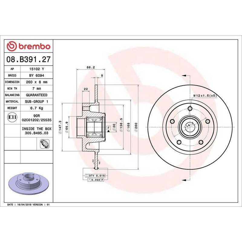 Brembo Prime Line With Bearing Kit Solid Brake Disc 08.B391.27 Fits Renault
