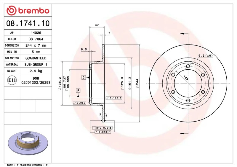 MG MGB - 2 Front Brembo Brake Disc Rotors Solid 4 Lugs 25013, 08.1630.10 gallery