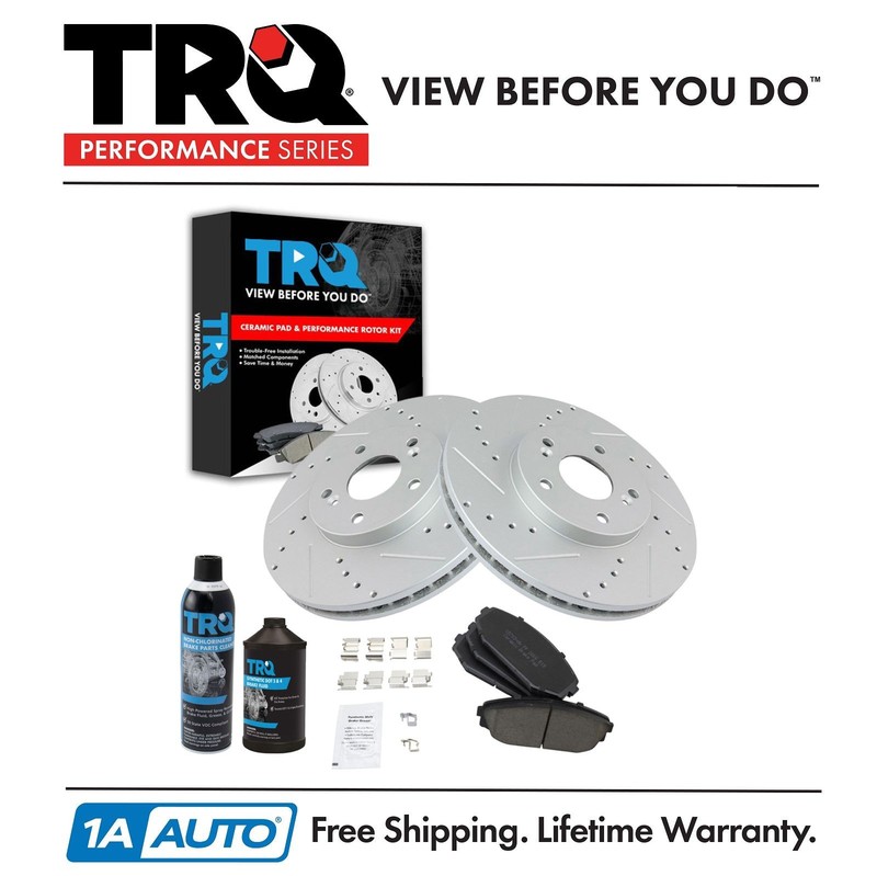 TRQ Rotor & Brake Pad Ceramic Performance Drilled Slotted Front Kit w/Chemicals