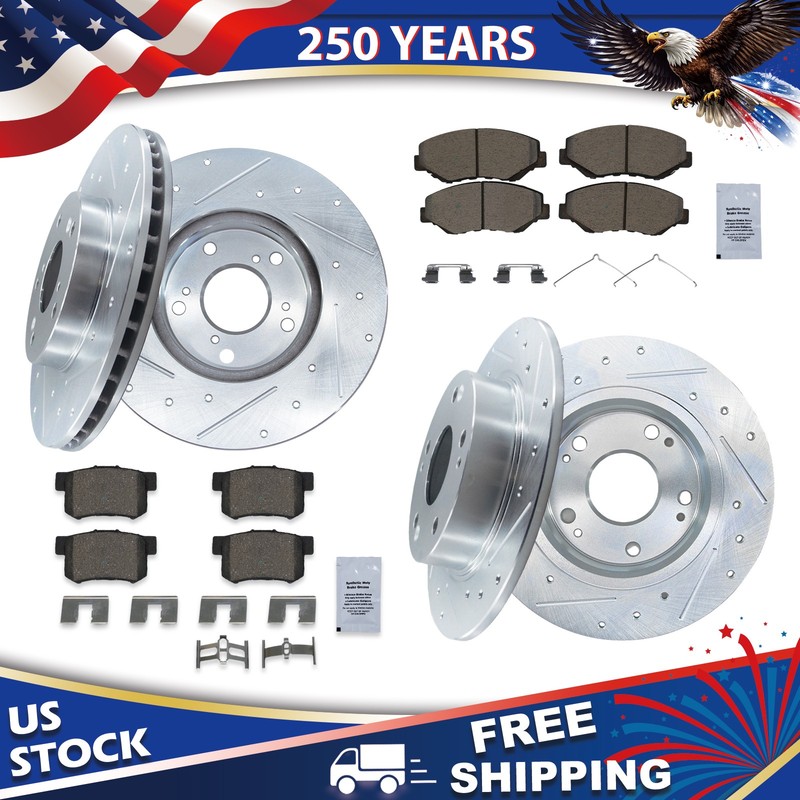 Front Rear Drilled Rotors Ceramic Brake Pads Kit for 2003-2007 Honda Accord 2.4L