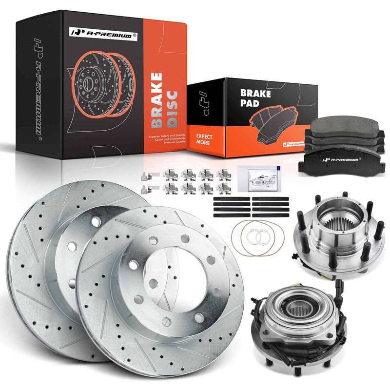 Front Drilled Brake Rotor & Pad + Hub Bearing for Ford F250 Super Duty 2005-2009