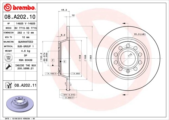 Brembo 08.A202.11 Brake Disc for Audi,Audi (FAW),SEAT,SKODA,SKODA (SVW),VW,VW (F