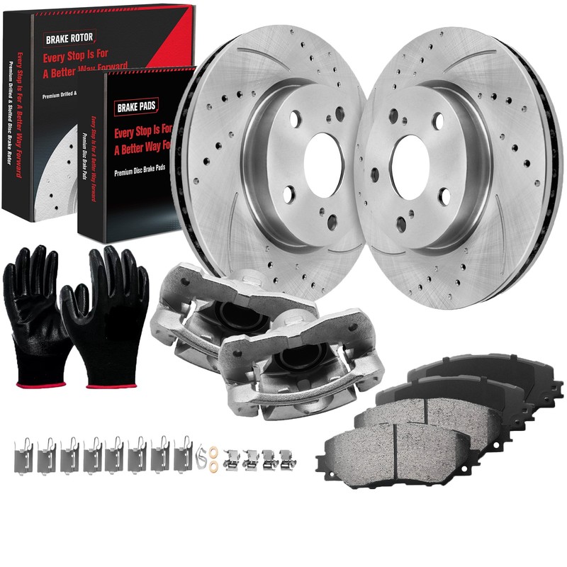 Front Drilled Brake Rotors Pads + Calipers for Toyota RAV4 2006 2007-2018 2.5L
