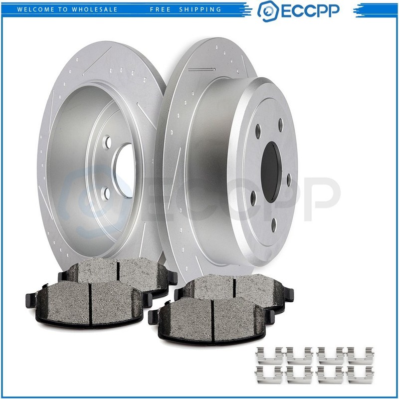 Rear Ceramic Brake Pads And Rotors Discs For 2007-2017 Jeep Wrangler JK Slotted
