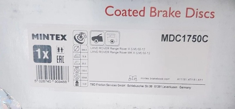 Front Brake Disc Single L/R Fits LAND ROVER Mintex MDC1750C
