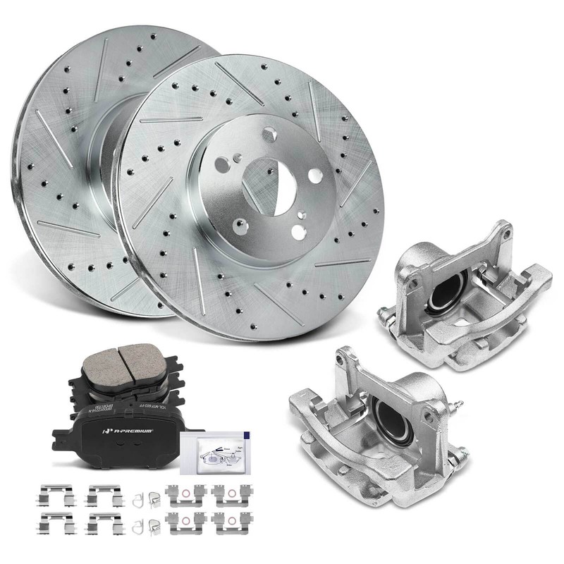 Front Drilled Rotor & Brake Pads + Calipers for Toyota Celica 2003-2005 Scion tC gallery