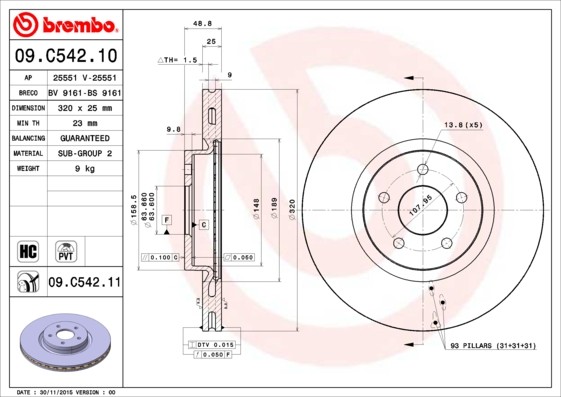2X 09.C542.11 Brembo Brake Disc for Ford, Ford (Changanese), Lincoln