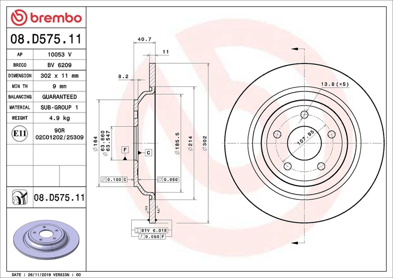 2x Brake Discs Pair Solid Rear 302mm 08.D575.11 Brembo Set 1936154 2210993 New gallery
