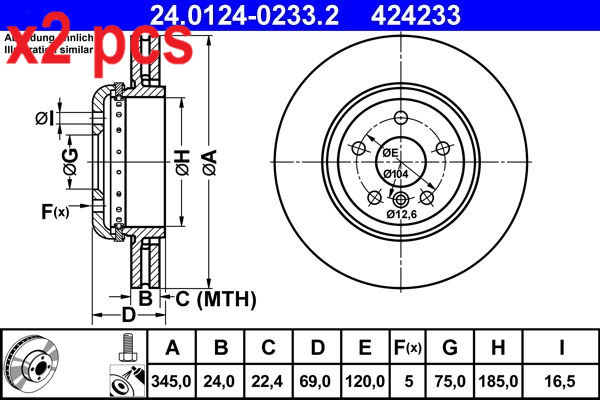 X2 PCS L&R SIDES FITS BMW 5 535 I BRAKE DISC 24.0124-0233.2 ATE