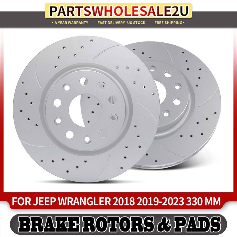 Front Side Brake Drilled Rotor & Ceramic Brake Pad for Jeep Wrangler 2018-2023