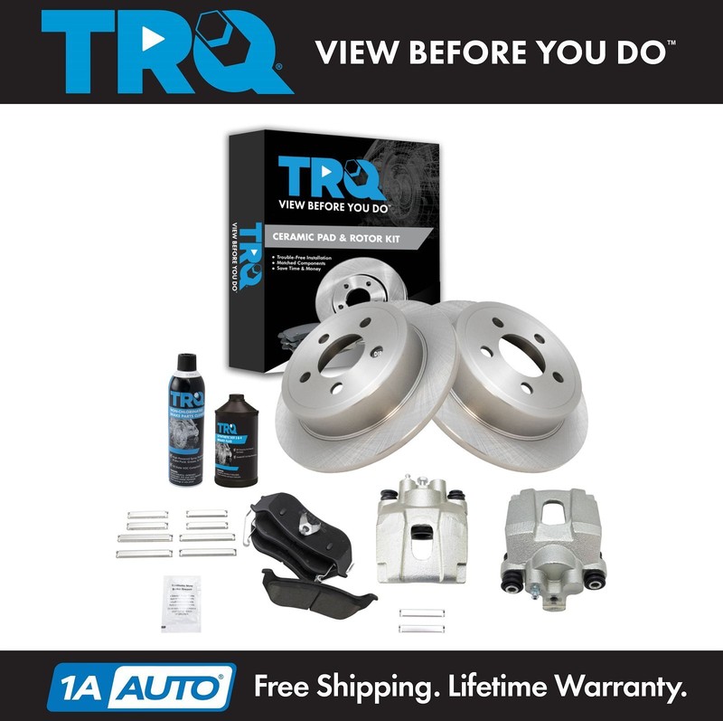 TRQ Rear Ceramic Brake Pad Rotor & Caliper Kit w/Chemicals for Jeep Wrangler