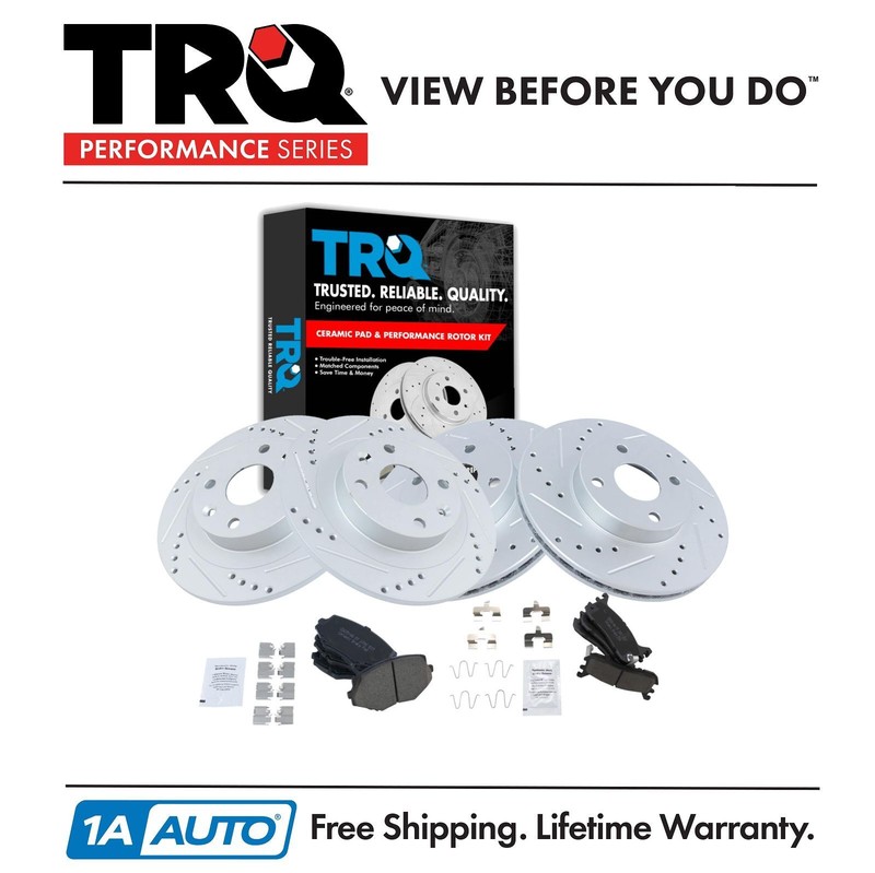 TRQ Front & Rear Posi Ceramic Brake Pads & Performance Drilled Slotted Rotor Kit