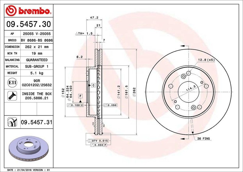 Front Rotor Fits 2004-2011 Honda Civic 09.5457.31