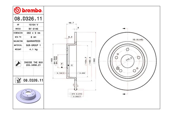 For Honda Civic 2015 Brembo 08.D326.11 UV Coated Plain Solid Rear Brake Rotor