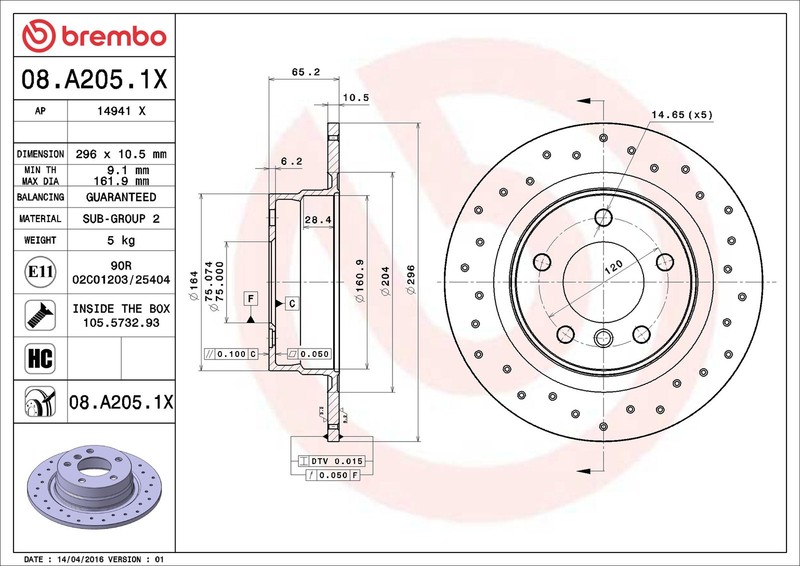 2x Brake Discs Pair fits BMW 316D E90 2.0D Rear 09 to 11 296mm Set Brembo New gallery