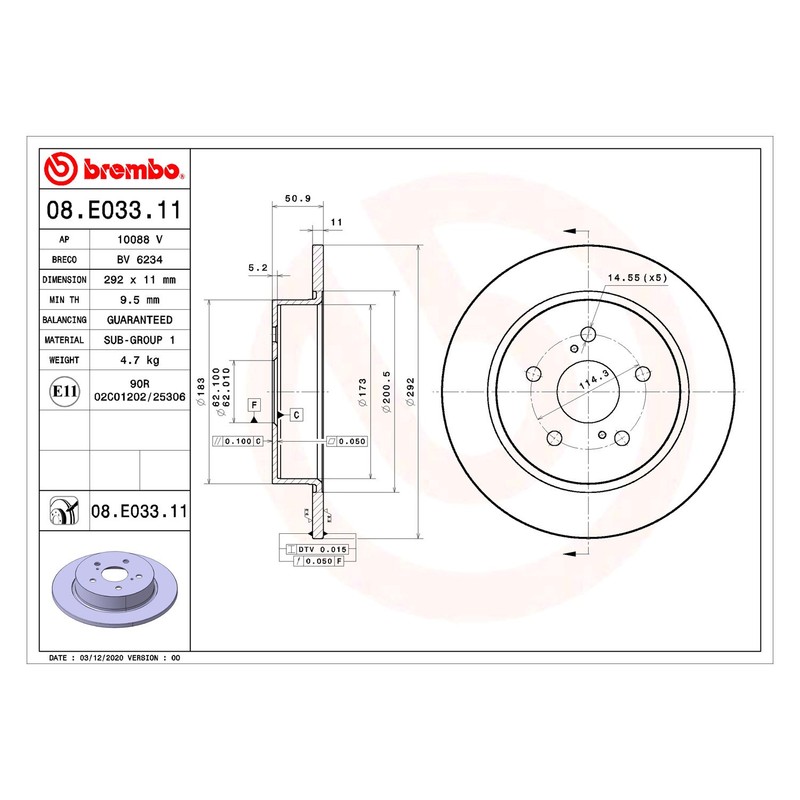 For Toyota C-HR 19-22 Brembo 08.E033.11 UV Coated Plain Solid Rear Brake Rotor gallery