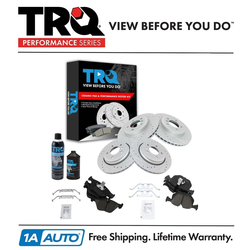 TRQ Performance Brake Rotor & Ceramic Pad Front & Rear Kit w/Chemicals