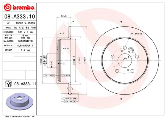 Brembo 08.A333.11 Brake Disc for Chery, Toyota