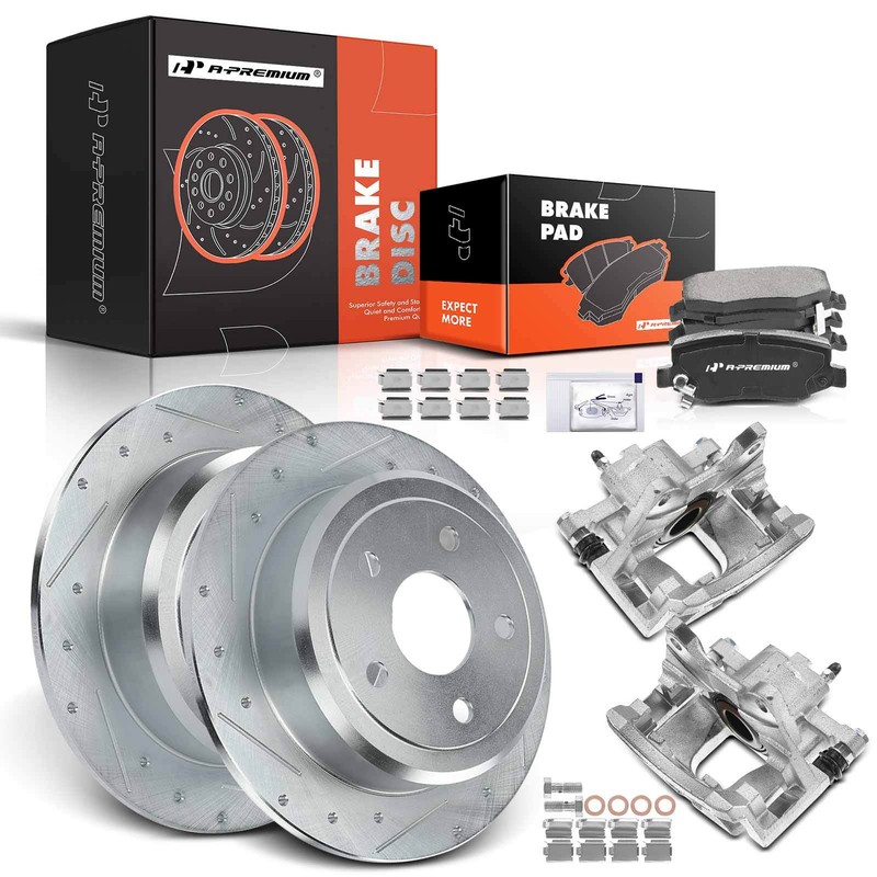 A-Premium Rear Drilled Brake Rotor&Pads + Brake Caliper for Jeep Wrangler 07-17