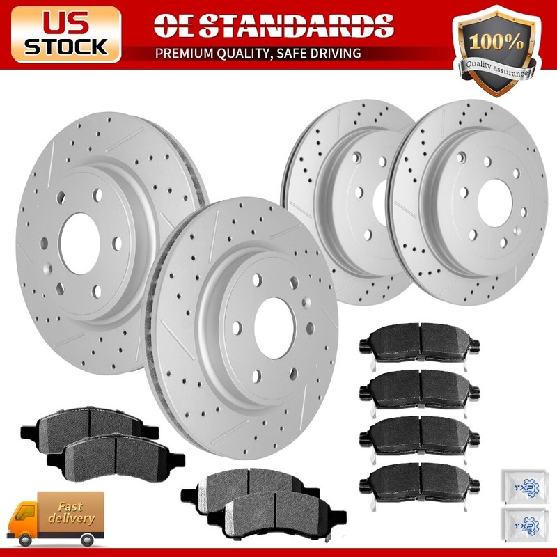 Front Rear Drilled Rotors Ceramic Brake Pads for Chevy Traverse Acadia Enclave