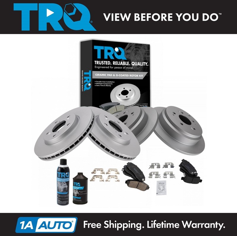 TRQ Brake Pad & Coated Rotor Ceramic Front & Rear Kit w/Fluids for Honda Odyssey