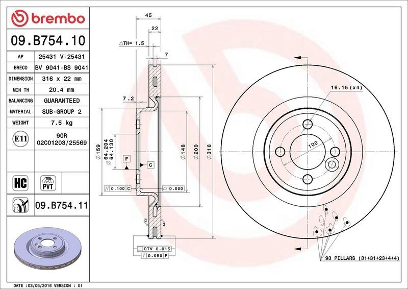 2X Brembo 09.B754.11 Front Vented Brake Discs Fits Mini Mini Mini Clubman gallery