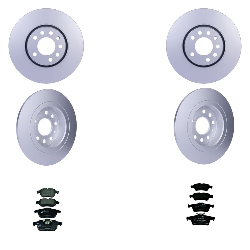 Hella Front & Rear Rotors Low-Met Disc Brake Pad Kit For Saab 9-3 FWD 2003-2011