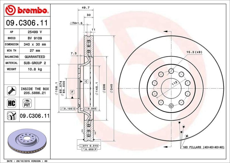 Disc Brake Rotor-Premium UV Coated OE Equivalent Rotor Brembo 09.C306.11