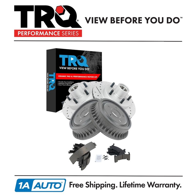 TRQ Performance Brake Drilled & Slotted Rotor Ceramic Pad Drum Shoe Front Rear