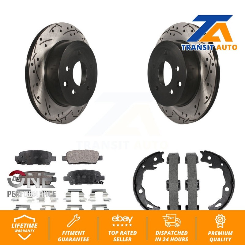 Rear Disc Drilled & Slotted Rotors Semi-Metallic Pads And Parking Shoes Kit For