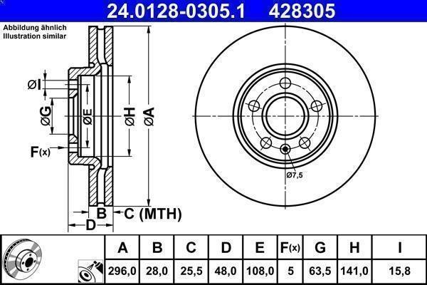 1X brake disc ATE 24.0128-0305.1 for Volvo S90 II (234) 2 2016-2021