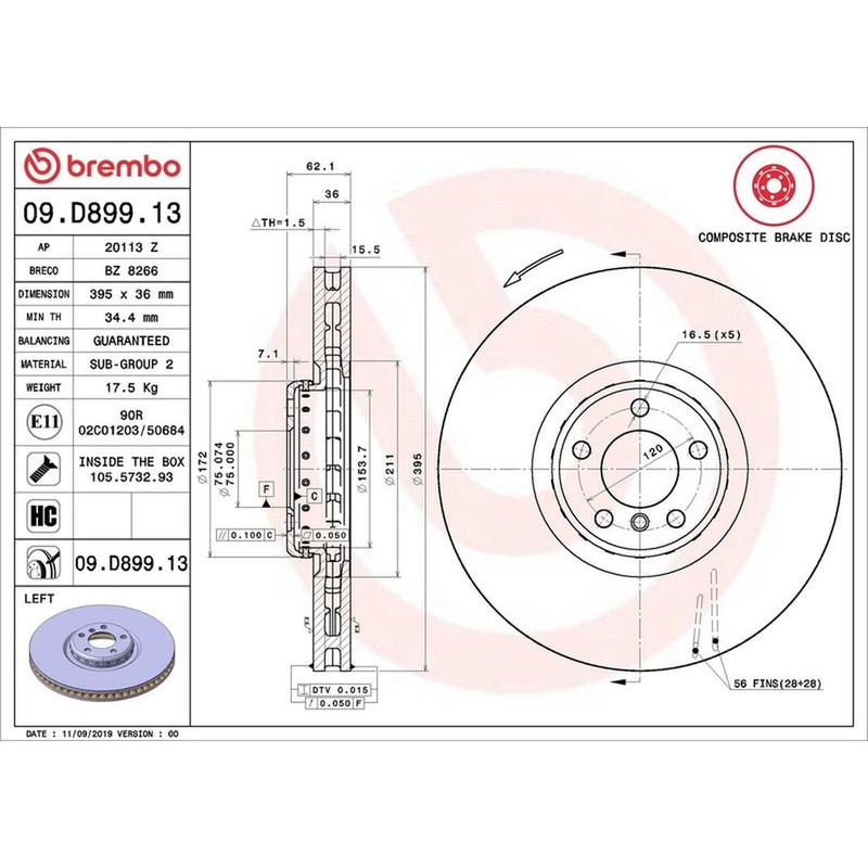Brembo Prime Line Composite Vented Two-Piece Brake Disc 09.D899.13 Fits BMW