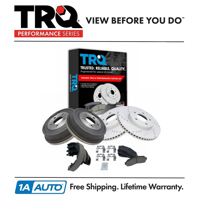 TRQ Front Performance Brake Rotor & Ceramic Brake Pad Rear Drum & Shoe Kit