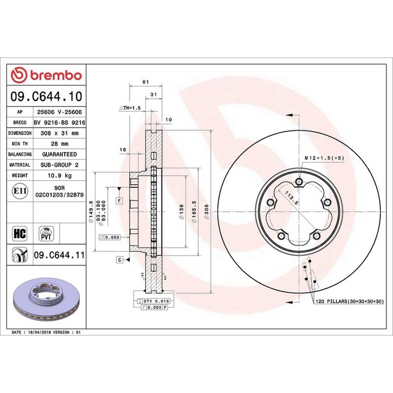 Brembo Prime Line UV Coated Vented Brake Disc – 09.C644.11 For Ford – OE Quality