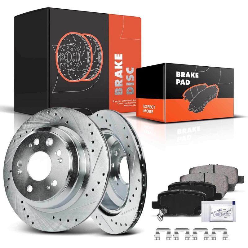 Rear LH & RH Drilled Brake Rotor & Brake Pad for Acura RL 2005-2012 V6 3.5L 3.7L