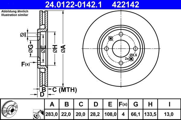ATE 24.0122-0142.1 Brake Disc for Citroen, Peugeot