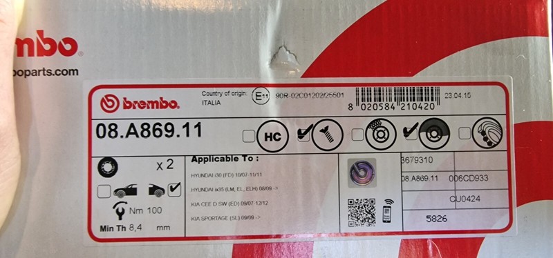 Hyundai I30 Brake Discs Rear Solid Kia BREMBO 08.A869.11 gallery