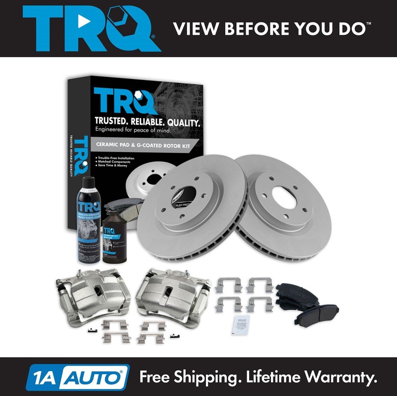 TRQ Front Ceramic Pad Coated Rotor & Caliper Kit w/Chemicals