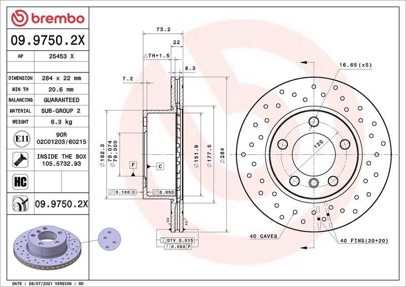 2X Brembo 09.9750.2X Front Drilled / Vented Brake Discs Fits Bmw 1 2 Series