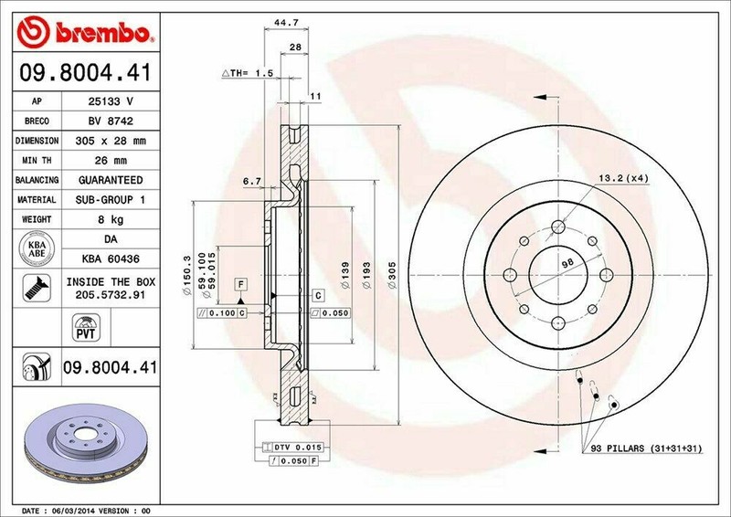 COPPIA DISCHI FRENO BREMBO ANT FOR ALFA ROMEO MITO (955) 1.4 MULTINAIR KW125 09/