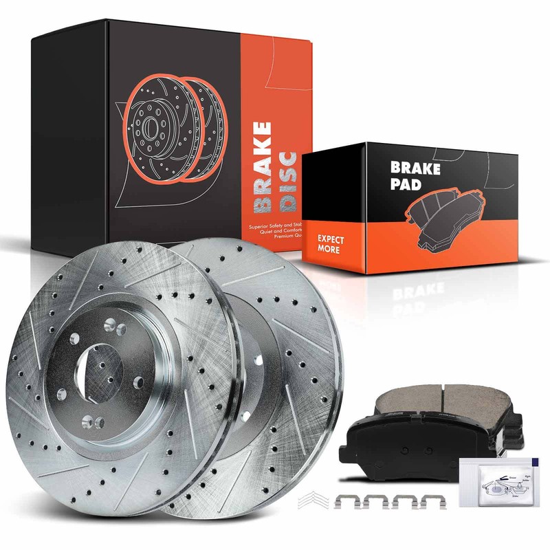 Drilled Brake Rotor & Brake Pad for Kia 16-20 Hyundai Santa Fe Sport 17-18 Front