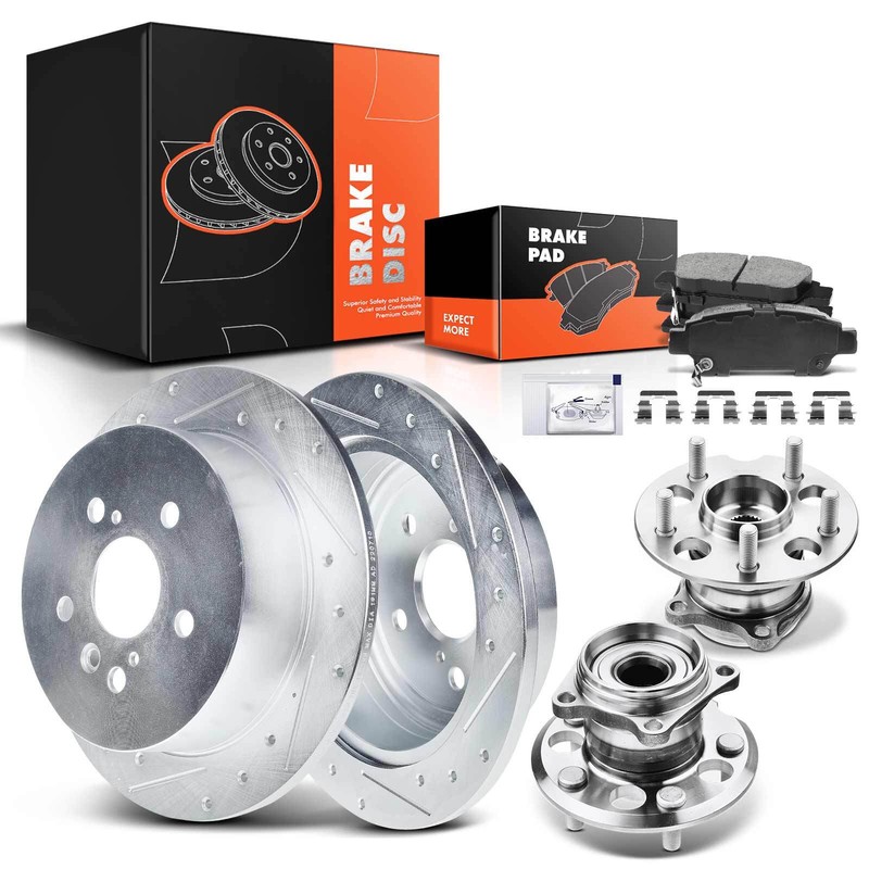 Drilled Brake Rotors & Pads + Hub Bearing for Toyota Sienna 04-10 3.3L 3.5L Rear
