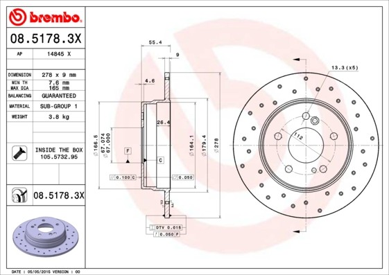 Brembo 08.5178.3X Brake Disc for Chrysler, Mercedes-Benz