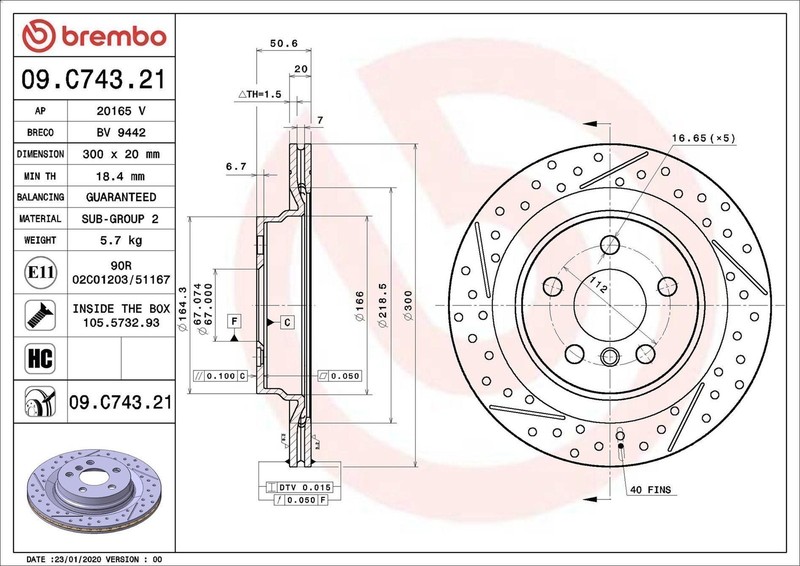 1X Brake Disc Brembo 9.C743.21 for Mini Mini Clubman (F54) 2 2014-2018