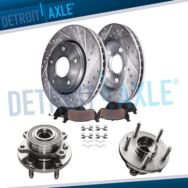 Front Drilled Brake Rotor Pad + Wheel Bearing Hubs for Ford Taurus Flex MKS MKT